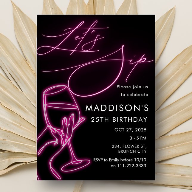 Convites Vamos de Neon Rosa Vinha Vinho de Noite Meninas de (Pink Neon Let's Sip Wine Birthday Girls Night Out Invitation)