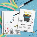 Convites Vamos do Magic Kids Joint Festa de aniversário<br><div class="desc">O cartão de convite de aniversário comum para crianças mágicas faz uma celebração de aniversário mágico preto, branco e azul. A design mostra um chapéu mágico, varinha, cartas de jogar e dados. 🖹 Insira seu texto 🎨 Editar cor de preenchimento ou de fundo e cor do elemento 📧 pesquisar sobre...</div>