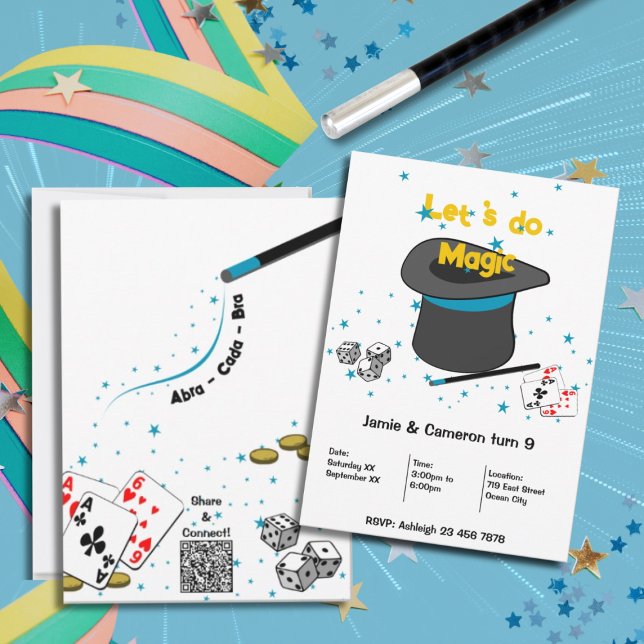Convites Vamos do Magic Kids Joint Festa de aniversário (Let's do Magic Kids Joint Birthday Party Invitation, Black, White, Blue, Custom Text, Color)
