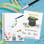 Convites Vamos do Magic Kids Joint Festa de aniversário<br><div class="desc">O cartão de convite de aniversário comum para crianças mágicas faz uma celebração de aniversário mágico preto, branco e azul. A design mostra um chapéu mágico, varinha, cartas de jogar e dados. 🖹 Insira seu texto 🎨 Editar cor de preenchimento ou de fundo e cor do elemento 📧 pesquisar sobre...</div>