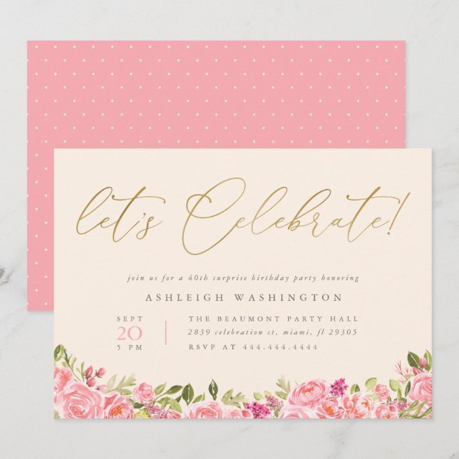 Convites Vamos Dourado Celebrar Surpresa Floral Aniversário (Frente/Verso)