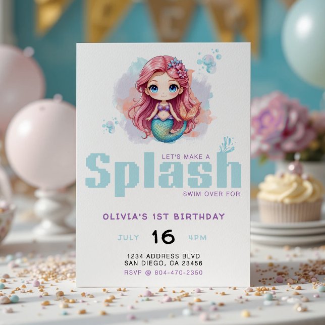 Convites Vamos faz uma Festa de aniversário de sereia de ga (Let's Make a Splash Girls Mermaid Birthday Party Invitation
)