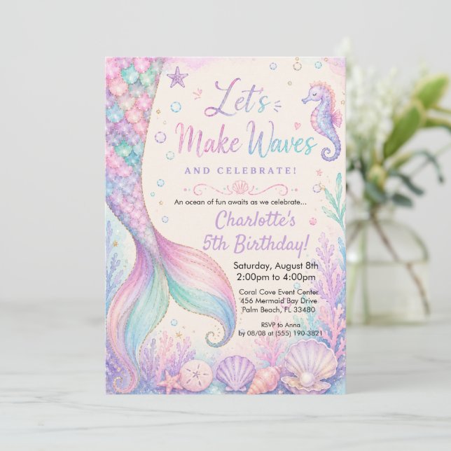 Convites Vamos Fazer Ondas Cauda de Sereia Aquarela Anivers (Em pé/Frente)