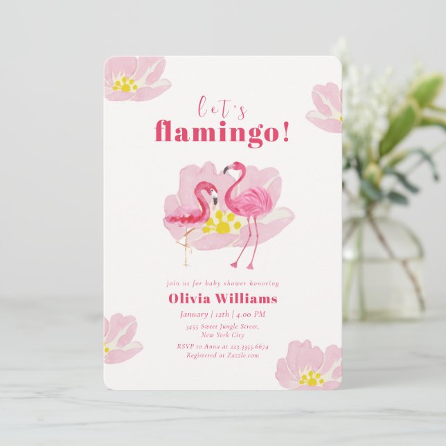 Convites Vamos Fazer um Chá de Bebê Flamingo Tropical Flori (Em pé/Frente)