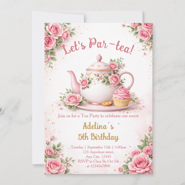 Convites Vamos fazer um chá Par-tea Bule Floral Rosa Aniver (Frente)