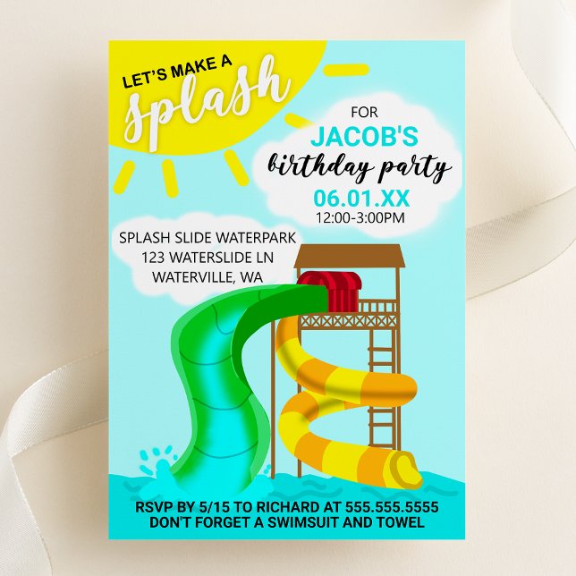 Convites Vamos Fazer um Splash Festa de Aniversário no Parq (Let's Make a Splash - Kids Waterpark Birthday Party Invitation - Summer Birthday)