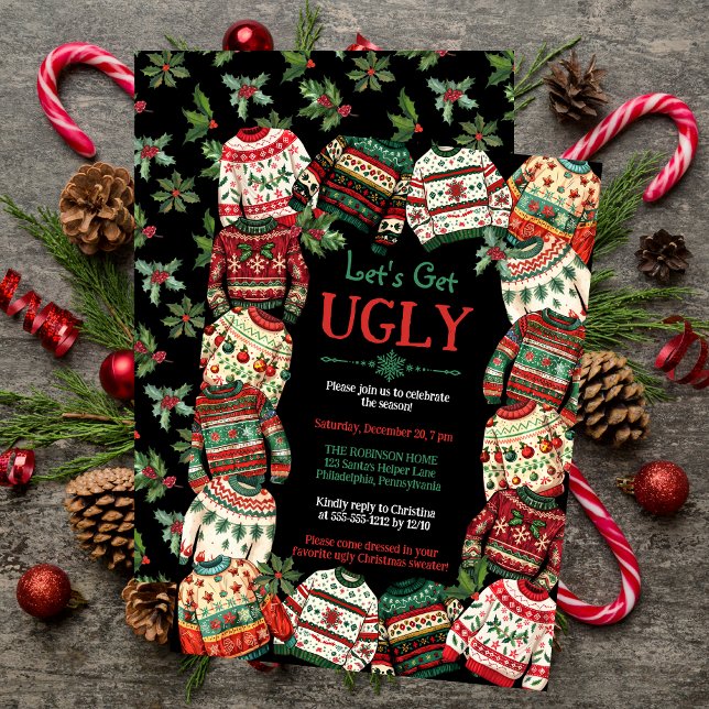 Convites Vamos Festa de Suéter de Natal Feia Preta ("Let's Get Ugly" Christmas Sweater Party Black Invitation)