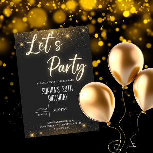 Convites Vamos Festejar Balão Preto e Dourado de Aniversári