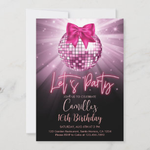 Convites Vamos festejar Bola de Disco laço rosa Aniversár