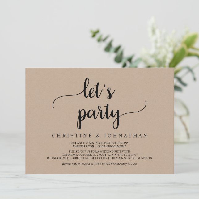 Convites Vamos festejar, Casamento Rústico Marrom Kraft Fug (Em pé/Frente)