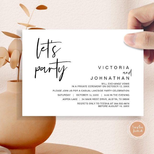 Convites Vamos Festejar, Festa de Casamento Intimo (Let's Party, Wedding Elopement Dinner Invitation Card, Modern Minimalist Script, in Black and White)