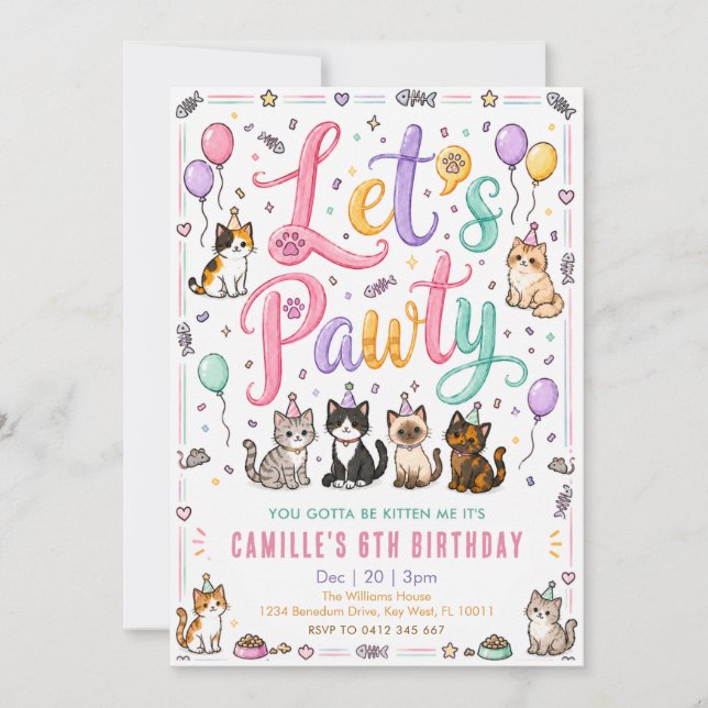 Convites Vamos Festejar Gatinho Cumpleaños Aguarela (Frente)