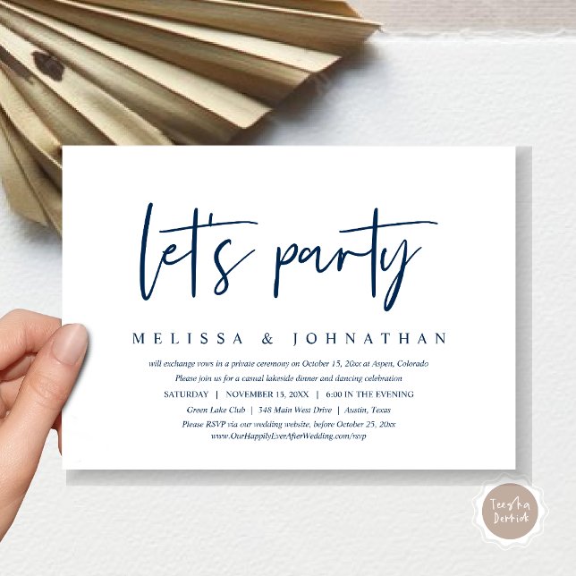 Convites Vamos Festejar, Jantar de Casamento Informal (Let's Party, Post Wedding Elopement Dinner and Party Celebration Invitation Card, in Navy Blue)