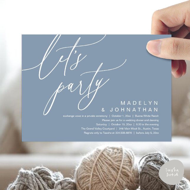 Convites Vamos Festejar, Jantar Romântico de Casamento e Da (Let's Party, Romantic Charm Wedding Dinner Dancing Lunch Brunch Invitation Card PDF Dusty Blue)