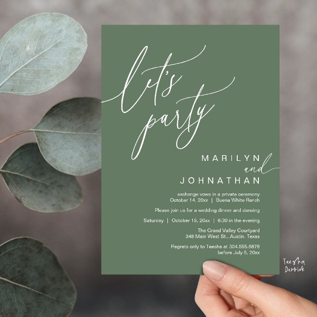 Convites Vamos Festejar, Recepção de Casamento Romântico Mo (Let's Party, Modern Romantic Wedding Reception Dinner Invitation Card in Sage Green)