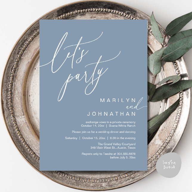 Convites Vamos Festejar, Recepção de Casamento Romântico Mo (Let's Party, Modern Romantic Wedding Reception Dinner Invitation Card in Dusty Blue)