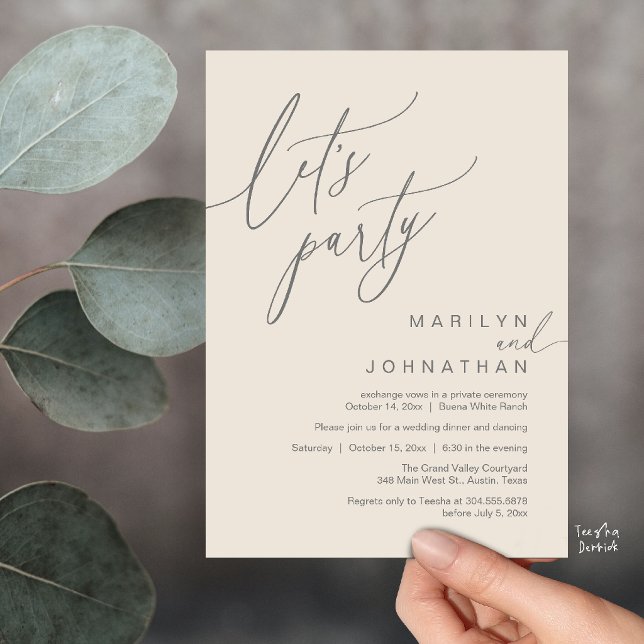 Convites Vamos Festejar, Recepção de Casamento Romântico Mo (Let's Party, Modern Romantic Wedding Reception Dinner Invitation Card in Cream Grey)