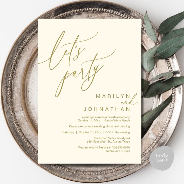 Convites Vamos Festejar, Recepção de Casamento Romântico Mo (Let's Party, Modern Romantic Wedding Reception Dinner Invitation Card in Yellow Cream)
