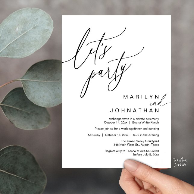 Convites Vamos Festejar, Recepção de Casamento Romântico Mo (Let's Party, Modern Romantic Wedding Reception Dinner Invitation Card in Black and White)