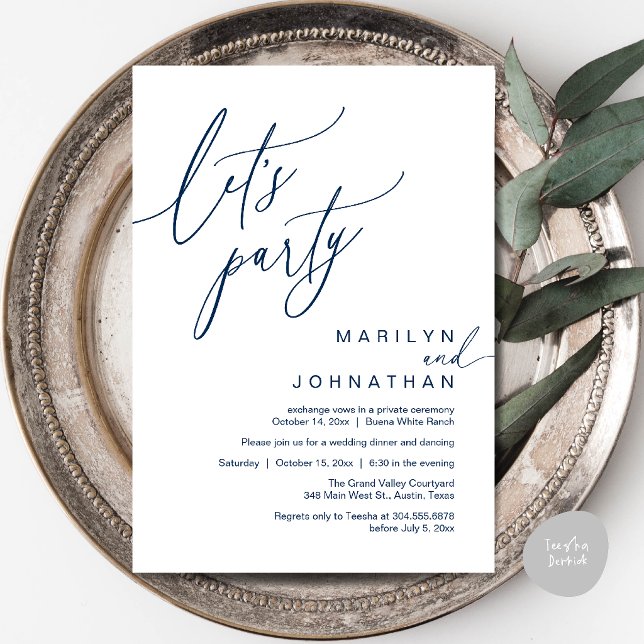 Convites Vamos Festejar, Recepção de Casamento Romântico Mo (Let's Party, Modern Romantic Wedding Reception Dinner Invitation Card in Navy Blue)