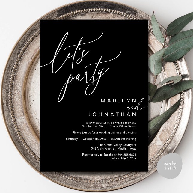 Convites Vamos Festejar, Recepção de Casamento Romântico Mo (Let's Party, Modern Romantic Wedding Reception Dinner Invitation Card in Classy Black)