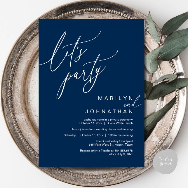 Convites Vamos Festejar, Recepção de Casamento Romântico Mo (Let's Party, Modern Romantic Wedding Reception Dinner Invitation Card in Navy Blue)