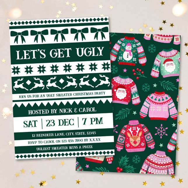 Convites Vamos fica feio de Natal suado, verde escuro (Let's Get Ugly Christmas Ugly Sweater Dark Green Invitation)