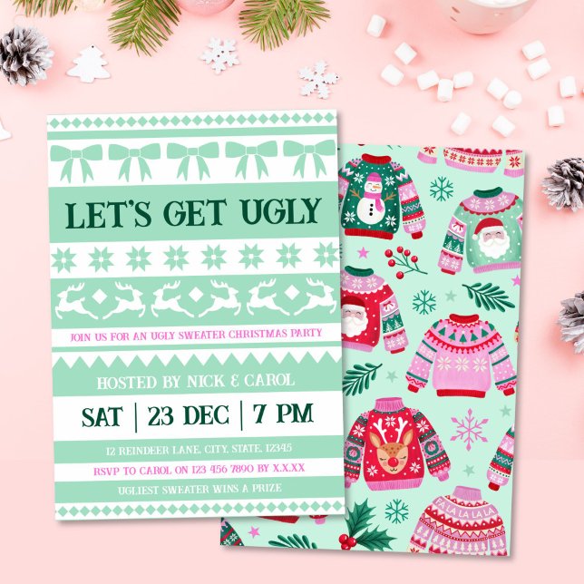 Convites Vamos fica feio natal doce doce verde (Let's Get Ugly Christmas Ugly Sweater Mint Green Invitation)