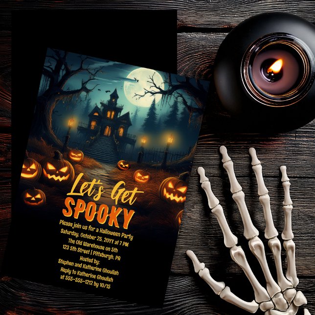 Convites Vamos Ficar Assustador Casa Assombrada Festa de Ha ("Let's Get Spooky" Haunted House and Jack-O-Lanterns Full Moon Halloween Party Invitation )