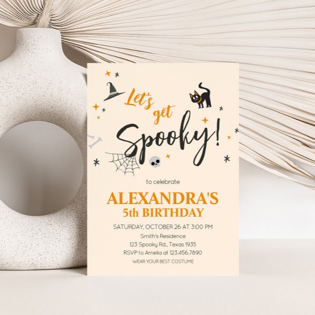 Convites Vamos Ficar Festa de aniversário de Dia das Bruxas (Cat Lets Get Spooky Halloween Birthday Party Invitation)