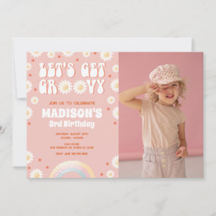 Convites Vamos Ficar Groovy Daisy Arco-Íris Aniversário Ret