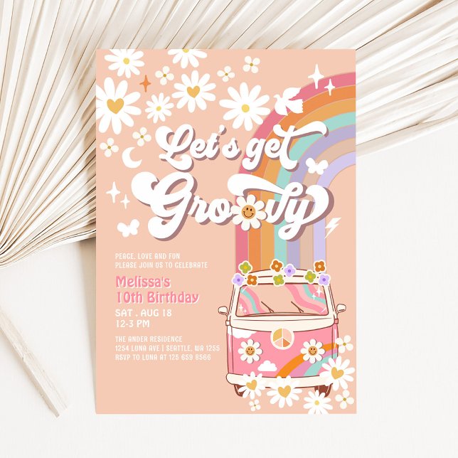 Convites Vamos Ficar Groovy Rosa Van Groovy Daisy Aniversár (Criador carregado)