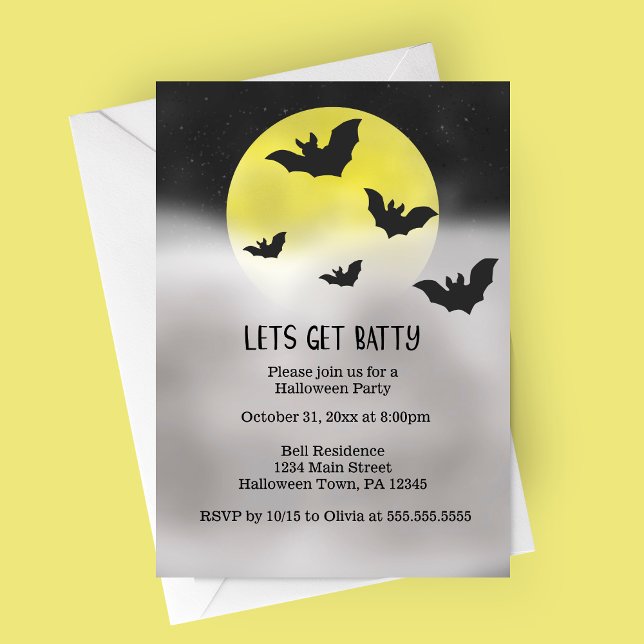 Convites Vamos Ficar Loucos Festa de Halloween (Let's Get Batty | Bat Themed Halloween Party Invitation | Full Moon Foggy Night)