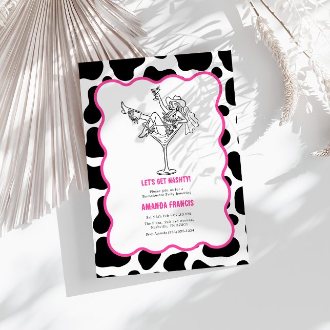 Convites Vamos Ficar Safadinhas Impressão de Vaca Nashville (Let’s Get Nashty Cow Print Nashville Bachelorette Invitation)
