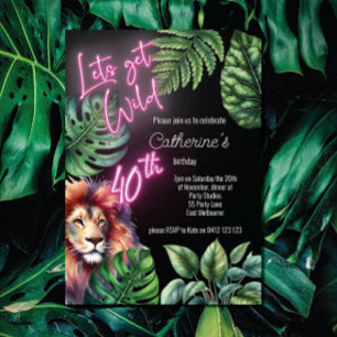Convites Vamos Ficar Selvagem Neon Rosa 40º Leão Aniversári