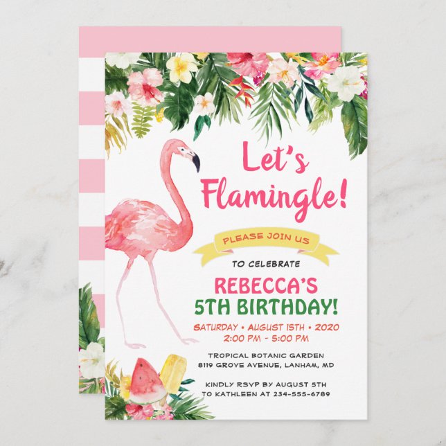 Convites Vamos Flamingle Floral Summer Aniversário de crian (Frente/Verso)