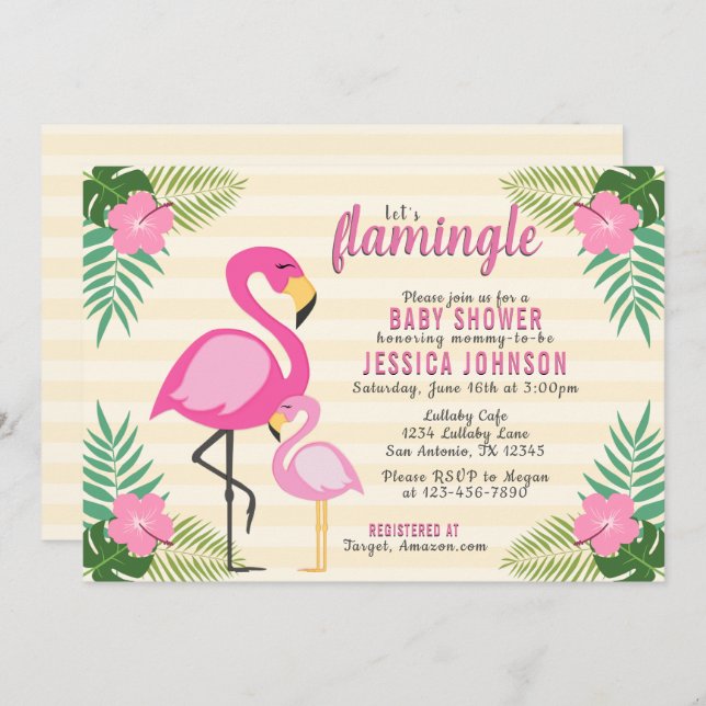 Convites Vamos Flamingle Pink Flamingo Chá de fraldas (Frente/Verso)