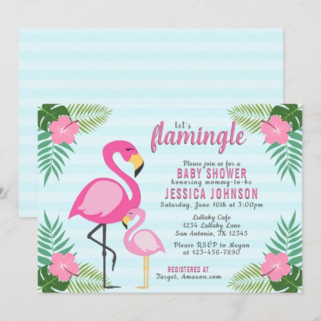 Convites Vamos Flamingle Pink Flamingo Chá de fraldas (Frente/Verso)