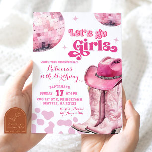 Convites Vamos Lá Garotas Espaço Rosa Disco Cowgirl Anivers