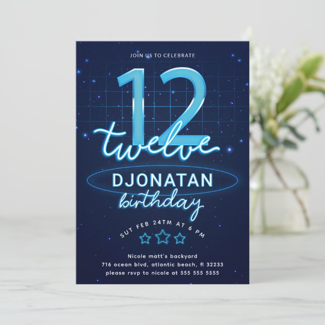 Convites Vamos Neon-12 Azul Festa de aniversário Brilhante (Em pé/Frente)