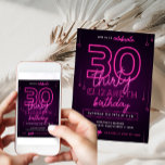 Convites Vamos Néon-aniversário de 30 anos cor-de-rosa com<br><div class="desc">Projetado para nossos Convites de Aniversário de Neon Rosa,  este Cartão de Convite personalizável apresenta texto colorido neon,  decorações de neon e fundo roxo. Itens correspondentes disponíveis.</div>