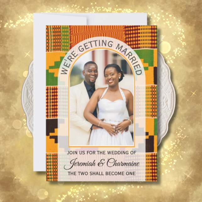 CONVITES VAMOS NOS CASAR CASAMENTO GANÊS COM KENTE (Kente wedding invitation with arch photo template and QR code.)