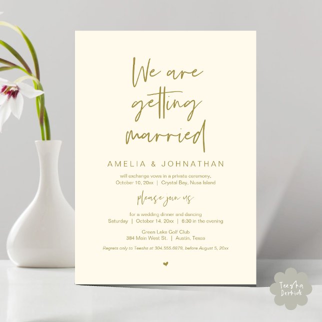 Convites Vamos nos casar, Elopement Janta Dançando (We are getting married, Elopement Dinner Dancing Invitation Card PDF Yellow Gold)