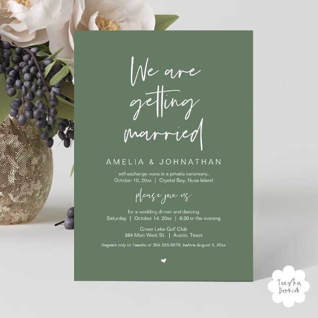 Convites Vamos nos casar, Elopement Janta Dançando (We are getting married, Elopement Dinner Dancing Invitation Card PDF Sage Green Greenery)