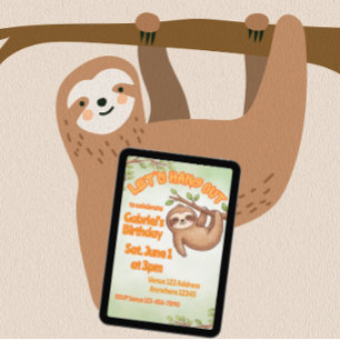 Convites Vamos nos Divertir Aniversário de Sloth Kawaii