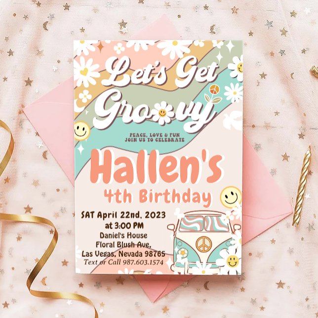 Convites Vamos Obter Groovy Retro Boho Daisy Rainbow Aniver (Criador carregado)