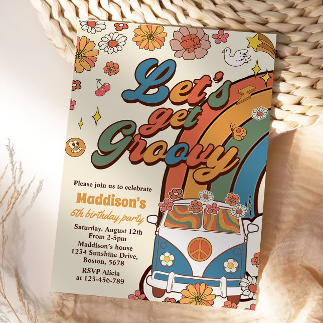Convites Vamos Obter Groovy Retro Rainbow 6 Aniversário (Criador carregado)