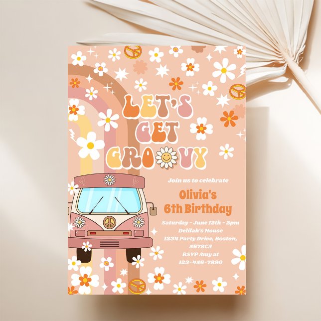Convites Vamos Obter Groovy Retro Rainbow 6 Aniversário (Criador carregado)