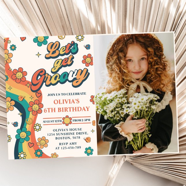 Convites Vamos Obter Groovy Retro Rainbow 6 Foto de Anivers (Criador carregado)