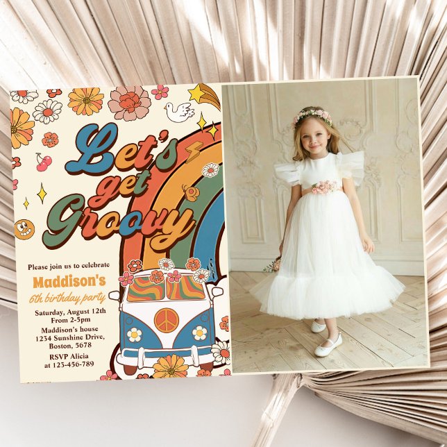 Convites Vamos Obter Groovy Retro Rainbow 6 Foto de Anivers (Criador carregado)